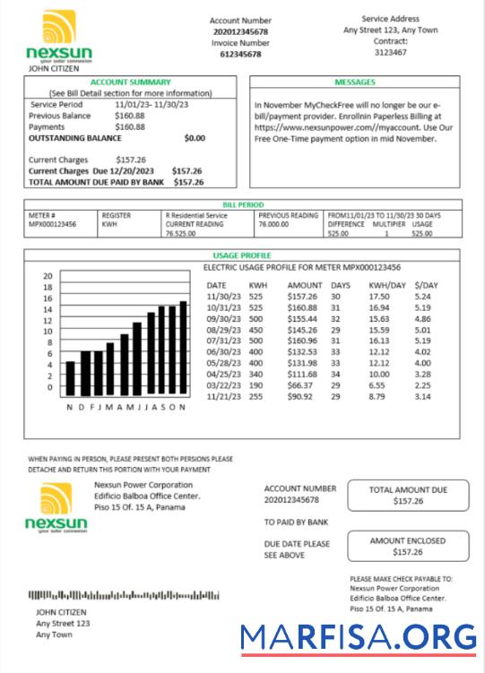 Printable Panama Nexsun Power Corporation electricity utility bill Word and PDF template